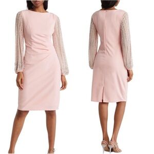 Marina Size 14 Blush Beaded Long Sleeve Cocktail Dress